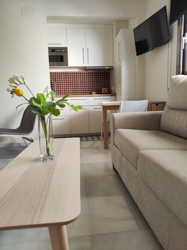 Cocina-comedor del apartamento, con mesa de madera y el sofá-cama doble en primer plano